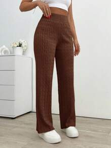 EURMUSE Cable Knit Solid Color Elastic Waist Casual Versatile Sweater Pants - Mocha Brown - View 4