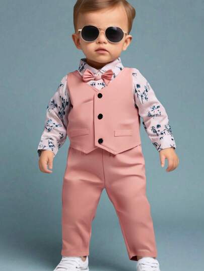 SHEIN 3 件套男婴绅士装，包括背心、棕榈树印花长袖衬衫和裤子。这款时尚优雅的套装非常适合婴幼儿在秋冬季各种场合穿着，例如婚礼、派对或日常穿着。您可以搭配小皮鞋、领结等，打造不同的风格。