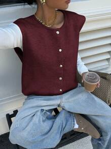 Siren Gaze Chaleco de lana sin mangas casual de unicolor con botones de metal para mujer