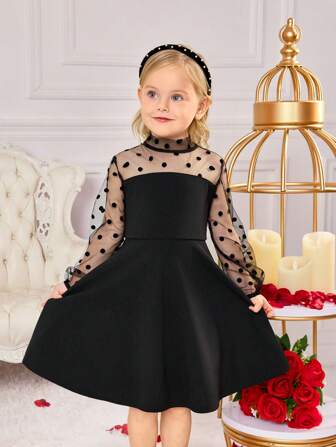 SHEIN Fern Glow Young Girls' Elegant Polka Dot Contrast Mesh Ruched Puff Sleeve Stand Collar Dress, Black - Suitable For Home, Outdoor, Valentine's Day,Party,Spring,Turtle Neck Long Sleeve,