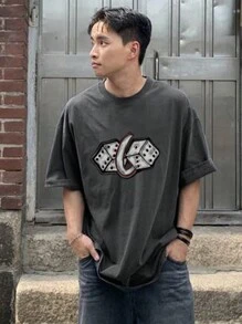 DAZY Men's Distressed Grey T-Shirt With Dice Number Graphic,Fall Clothes
