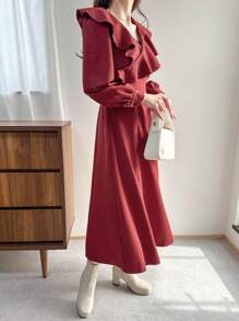 FRIFUL Damen Weihnachts Midi-Länge Kleid mit Rüschenkante, Herbstkleidung Langarm Kleid, Neujahr - Rot - Übersicht 4