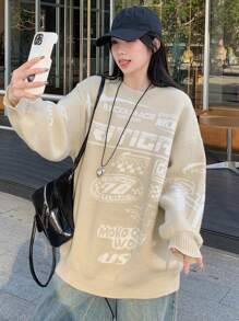 DAZY Women's Solid Color Round Neck Racing Style Loose Casual Long Sleeve Sweater,Fall Women Clothes - Grey - View 2