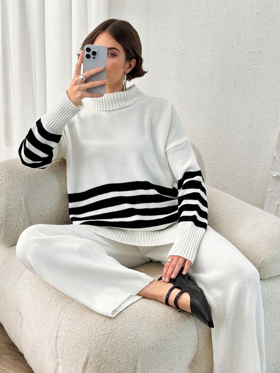 EURMUSE Women High Neck Striped Loose Fit Sweater - White - View 1