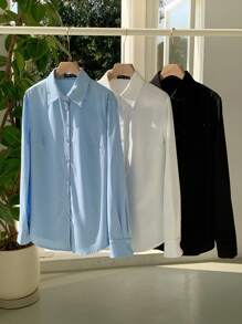 Comfortcana Camisa casual feminina com bolso e manga comprida e botões frontais de cor sólida - Multicolorido - Ver 3