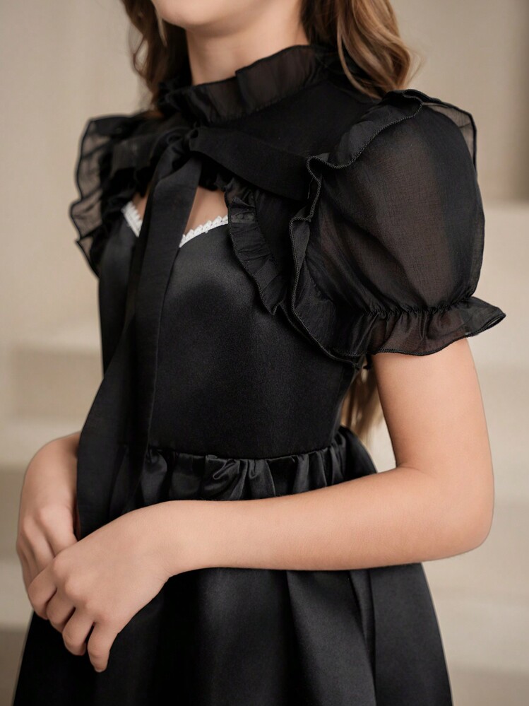 Tween 女童纯色前系带短袖褶皱简约连衣裙 - 黑色 - 查看 4