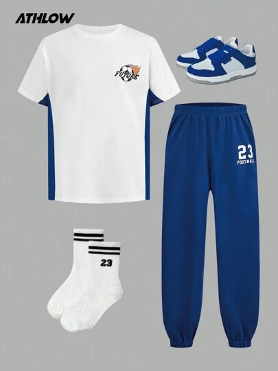 SHEIN 2pcs Toddler Boys Sports Set, Loose Fit Printed Short Sleeve T-Shirt And Drawstring Waist Casual Sweatpants, Comfortable, Breathable And Soft Material For Active Wear