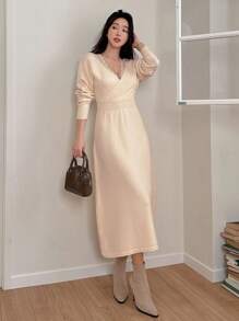 DAZY 女式 V 领蕾丝拼布毛衣裙，秋季女装