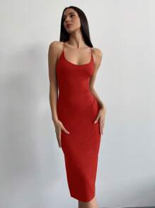 Aloruh Women's Red Minimalist Sexy Open Back Lace-Up Side Slit Mid-Length Dress, Backless Dress - Red - View 2