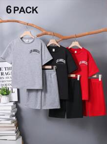 6pcs/Set Tween Boys Casual Varsity Letter Graphic Crew Neck Loose T-Shirt & Shorts 2 Pieces Set, 3 Designs, Suitable For School, Garden, Beach, Birthday, Spring/Summer/Autumn/Winter