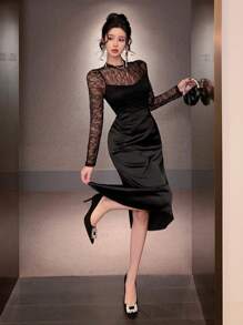 DAZY Women Casual Lace Patchwork Round Neck Long Sleeve Bodycon Black Elegant Dress Prom Dress