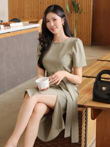 DAZY Women's Summer Solid Color Tie Neck Midi Dress Sundress - Green - View 5