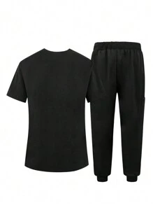 Manfinity Homme 男式纯色 V 领短袖上衣和抽绳裤医疗服务 2 件套 - 黑色 - 查看 2