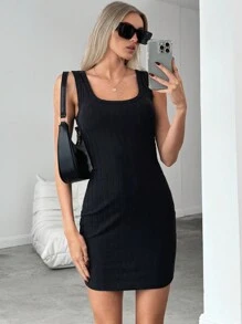 SHEIN Essnce Rib-knit Bodycon Dress - Black - View 7