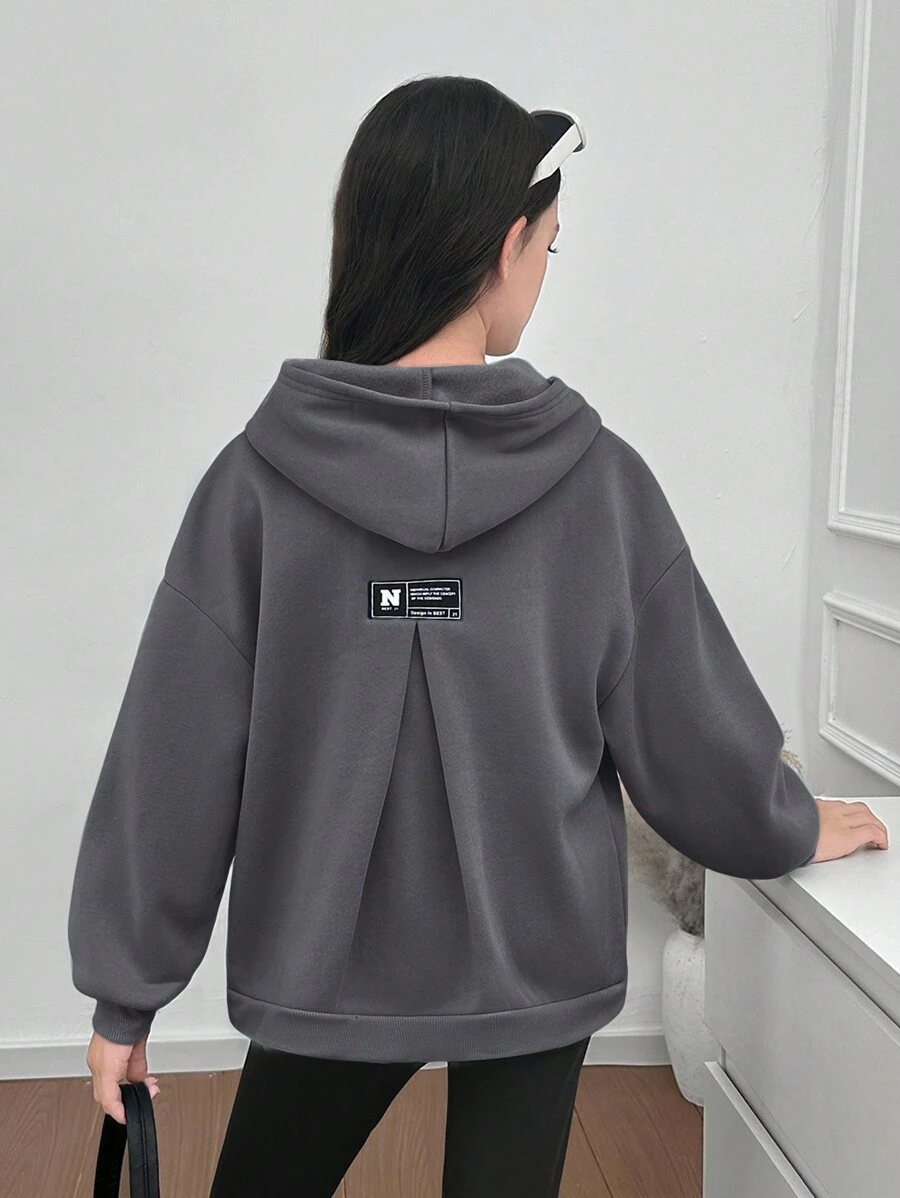 青少年女孩超大露背褶皱设计休闲连帽衫