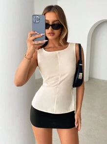 SHEIN Essnce 女士无袖露背系带吊带背心、女士背心、露背上衣、女士外出上衣 - 杏色 - 查看 7