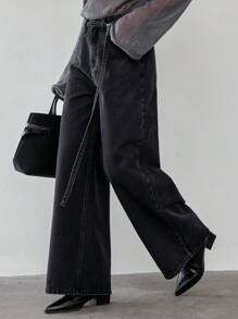 Dazy-Less 女式抽绳腰系带直筒休闲牛仔裤 Old Money 风格商务休闲女装 - 黑色 - 查看 1