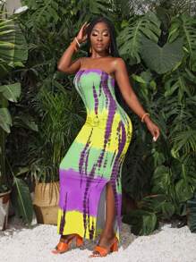 Slaydiva Vacation Tie Dye Bodycon Split Hem Tube Summer Dress - Purple - View 3