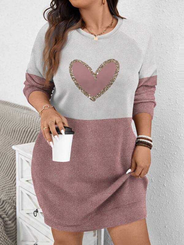 SHEIN LUNE Ocazional, minimalist, peste tot, imprimeu cu inimă, decolteu, cu mânecă lungă, cu glugă lungă, pentru dimensiuni mari, toamnă/iarnă