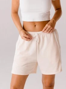 Aralina 柔和的腮红粉色休闲抽绳平纹针织舞蹈短裤 - 卡其色 - 查看 6