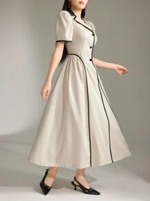 Heiryn Vestido largo casual de manga corta con botones y ribete de contraste para mujer