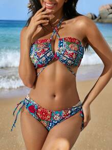 SHEIN Swim 女士夏季沙滩泳装花卉拼布印花前系带比基尼套装 - 彩色 - 查看 4