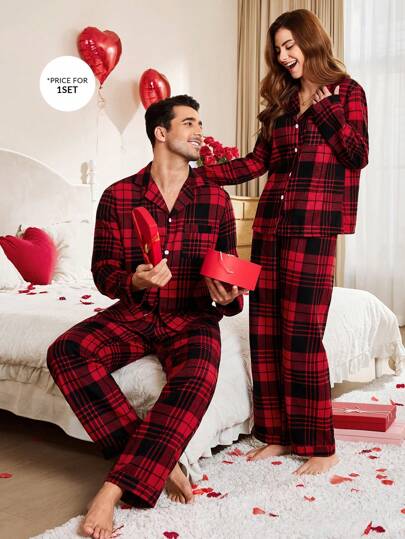 CoupledUp Herr 1-set Alla hjärtans dag-pläd, casual pyjamasset med topp och byxor, nedvänd krage, mysiga och eleganta detaljer, höst- och vinterkläder