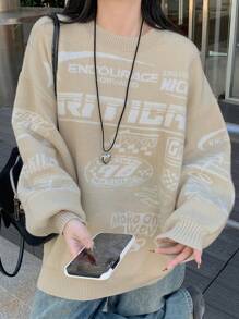 DAZY Women's Solid Color Round Neck Racing Style Loose Casual Long Sleeve Sweater,Fall Women Clothes - Grey - View 1