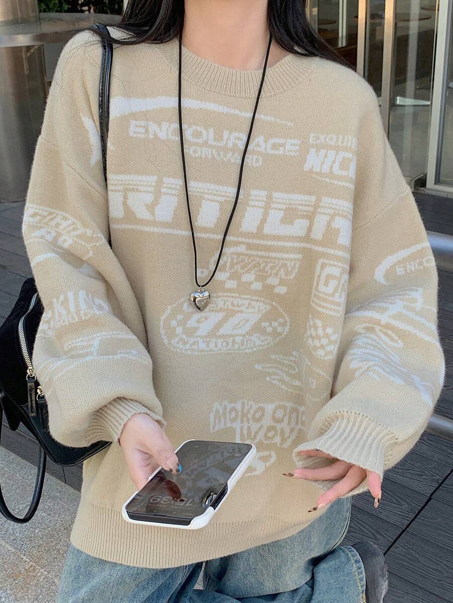 DAZY Women's Solid Color Round Neck Racing Style Loose Casual Long Sleeve Sweater,Fall Women Clothes - Grey - View 1