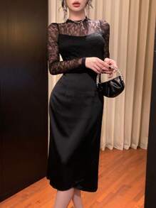DAZY Women Casual Lace Patchwork Round Neck Long Sleeve Bodycon Black Elegant Dress Prom Dress
