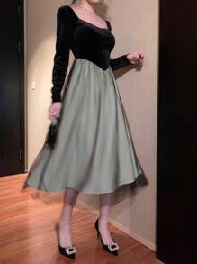 DAZY Lace Patchwork Sweet Heart Collar Long Sleeve Elegant Mid-Length Dress For Women,Fall Dress - Black - View 6