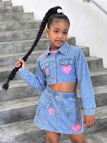 SHEIN Tween Girls Embroidered Patch Bomber Jacket & Denim Skirt 2 Pieces Set, Pre- - Light Wash - View 4