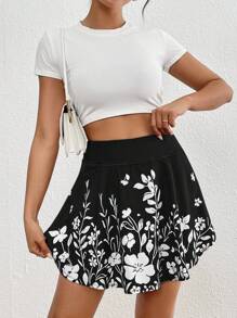 SHEIN Essnce 女式夏季休闲纯色高腰短裙，带手机口袋，简约花朵印花，口袋翻开，回到学校 - 黑色 - 查看 4