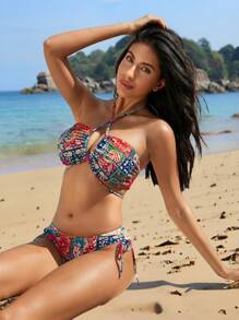 SHEIN Swim 女士夏季沙滩泳装花卉拼布印花前系带比基尼套装 - 彩色 - 查看 5