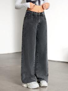 SHEIN 少女简约前扣口袋休闲牛仔裤 - 黑色 - 查看 3