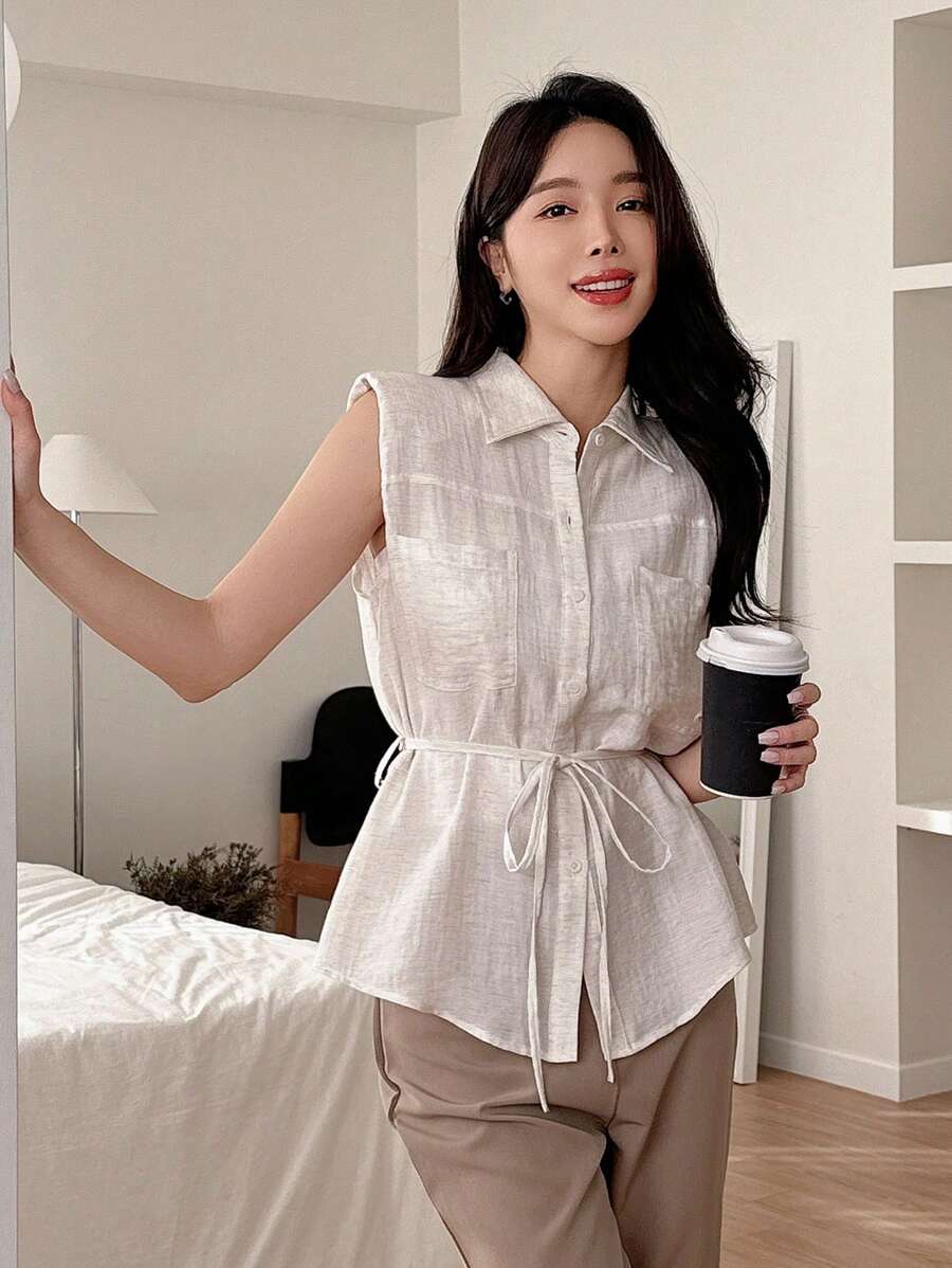 DAZY Top casual en lin sans manches avec poche et boutons devant de couleur unie pour femme - Beige - Voir 1