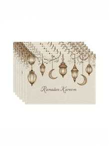 4 件/6 件斋月吉祥灯笼和月亮图案，可机洗涤纶餐垫，耐热、耐脏、耐热、防水且易于清洁的餐垫、餐桌装饰、节日派对布置、桌面保护，可用作礼物