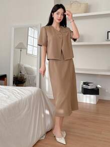 DAZY Simple Color Loose Blazer And High Slit Skirt Women Suit Set Business Attire