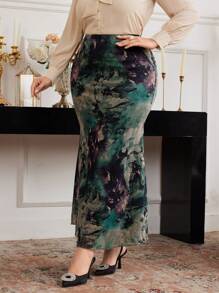 Modelyn 大码女式扎染印花鱼尾下摆半身裙，优雅 - 彩色 - 查看 4
