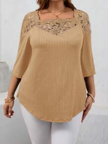 EMERY ROSE Große Größen Damen Lehrerin Kleidung Locker Sitzende Mesh-Kontrast 3/4 Ärmel T-Shirt, Frühling/Sommer