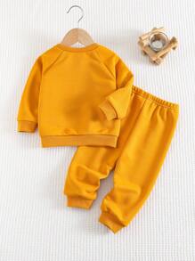 Cozy Pixies 2pcs Baby Solid Color Knitted Sweatshirt And Tapered Elastic Waist Sports Pants Set, Casual Homewear & Outerwear Outfit - Brown - View 2