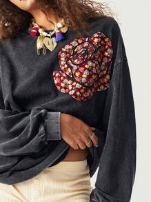 Bohemela Casual Solid Color Knit Round Neck Long Sleeve Floral Print Women Sweatshirt - Black - View 8