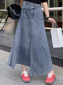 DAZY 1 pièce Jupe en jean casual longue avec taille asymétrique et double poche pour femmes - Bleu azur - Voir 1