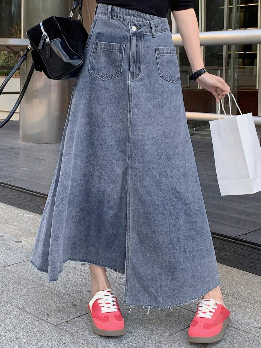 DAZY 1 pièce Jupe en jean casual longue avec taille asymétrique et double poche pour femmes - Bleu azur - Voir 1