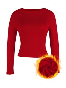 INAWLY Women's Solid Color Round Neck Long Sleeve Fitted Casual T-Shirt, Thermal Lined For Autumn/Winter - Red - View 4