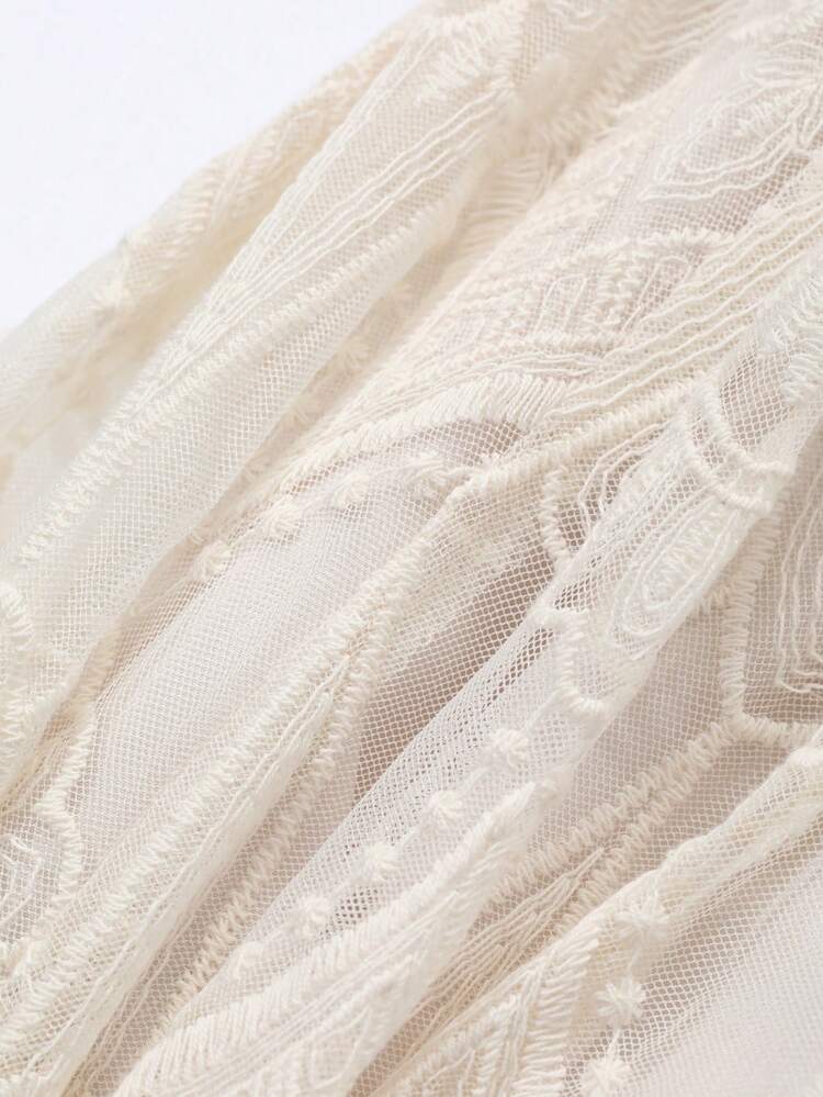 Elegant Wedding Guest Wear Square Neck Puff Sleeve Lace Mid-Length Dress Sundress