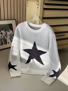 SHEIN EZwear Women's Casual Round Neck Long Sleeve Star Pattern Sweater, Autumn/Winter - Apricot - View 3
