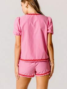 Aralina Stripe Pink With Red Trim Puff-Sleeve Tie Front Short Sleeve Blouse - Pink - View 2