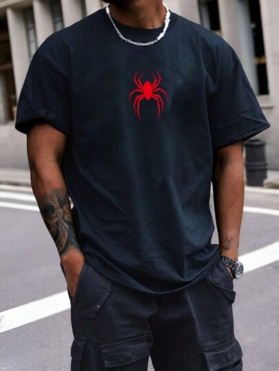 Manfinity ZONE917 Camiseta de manga corta con cuello redondo y estampado de araña para hombre, de moda, para salir, camiseta de boxeo, para el esposo