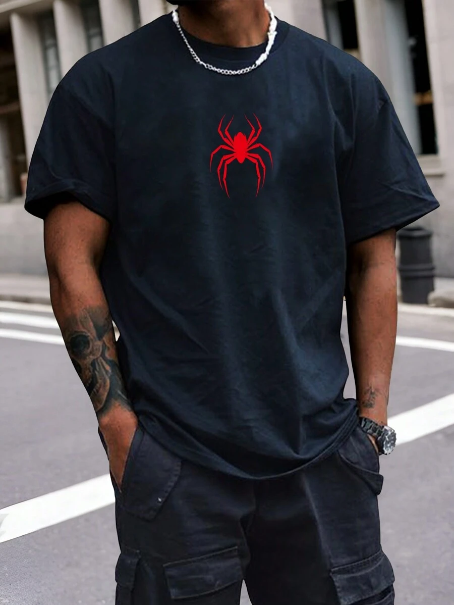 Manfinity ZONE917 Men Spider Print Round Neck Short Sleeve T-Shirt, Fashion, For Going Out, Boxing Tee, For Husband, Spider Shirt, Red Spider Shirt, Graphic Tees